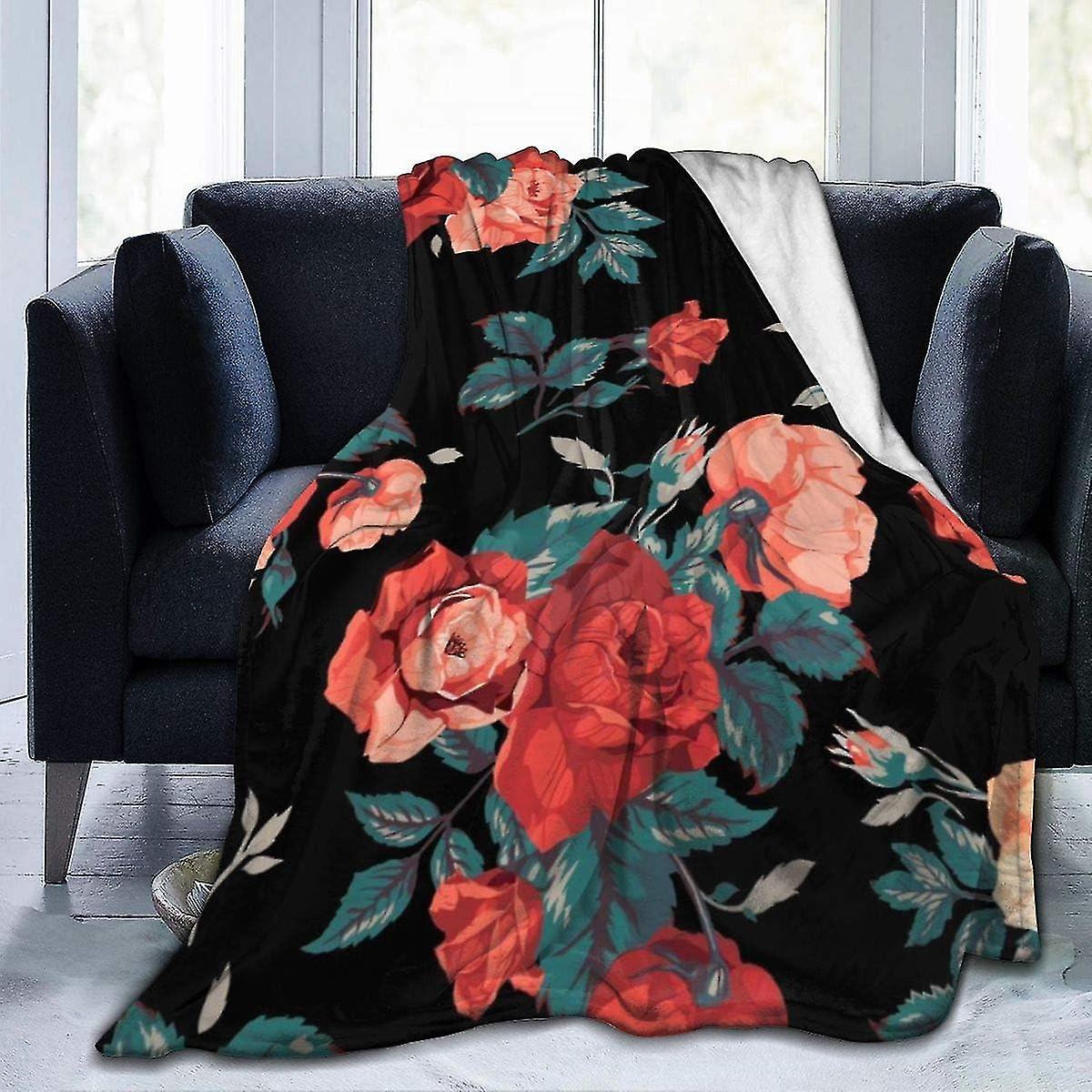 Flannel Fleece Throw Blanket,seamless Floral Pattern With Of Red And Orange Roses On Black Background Warm Cozy Perfect Throw For All Seasons For Couc