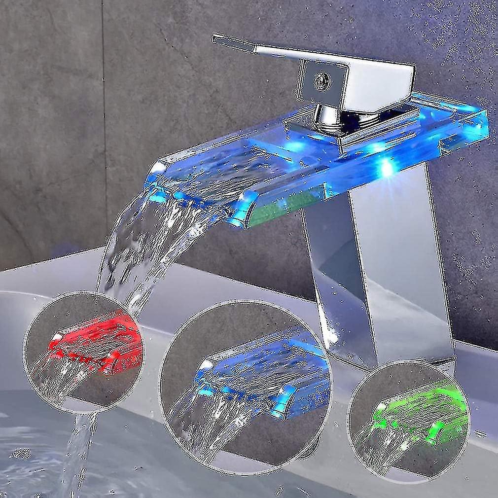 Basin Faucet With Rgb Led Waterfall Bathroom Mixer Tap With 3 Color Change Chrome Brass Glass Waterf