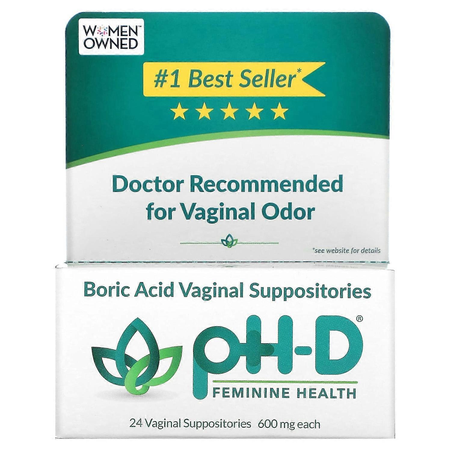 pH-D Feminine Health, تحاميل مهبلية حمض البوريك، 600 ملغ، 24 تحاميل مهبلية