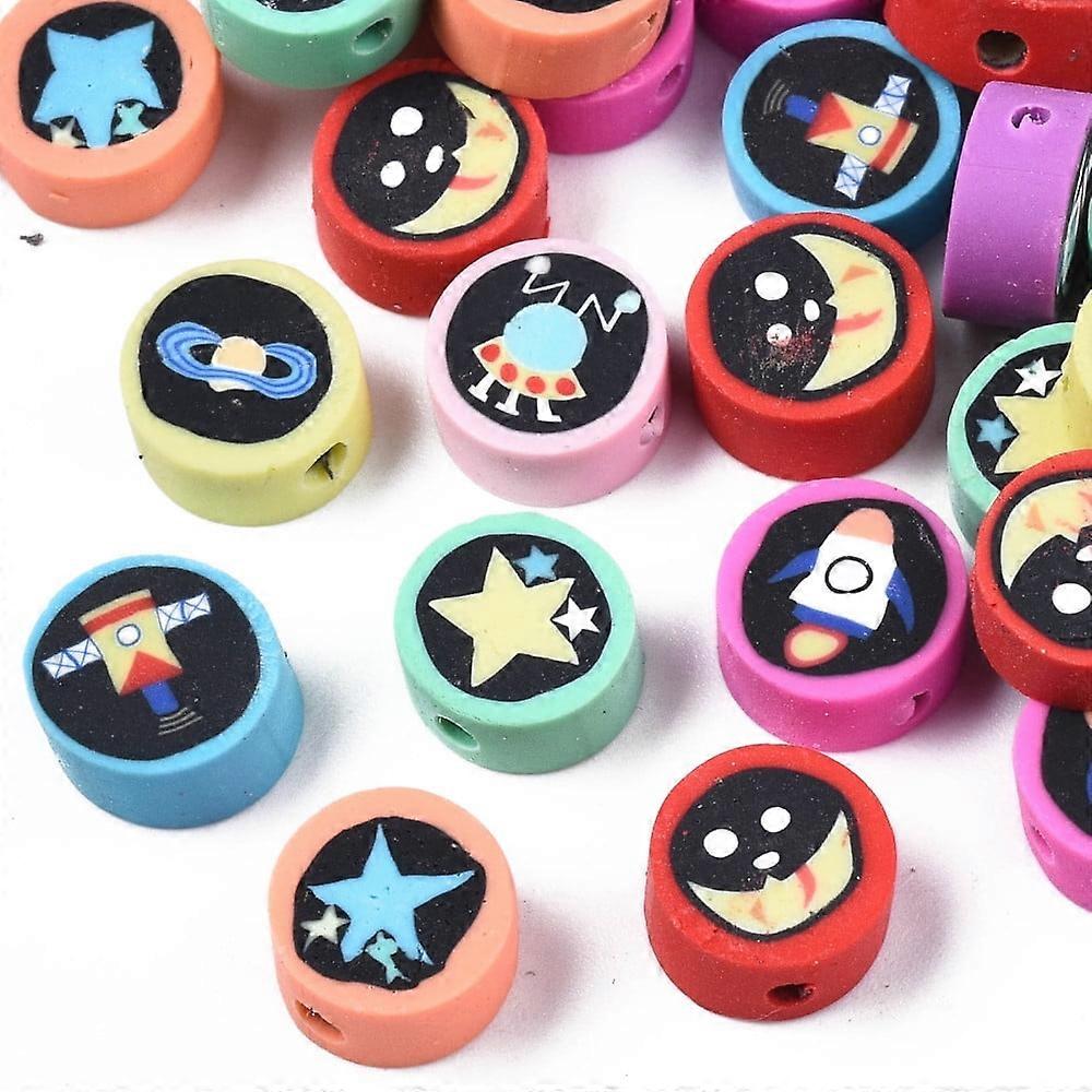 100pc Handmade Polymer Clay Beads Flat Round with Space Theme Pattern Mixed Color 9~10x4~5mm Hole: 1.6mm