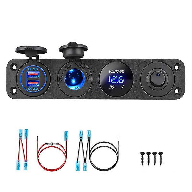4 in 1 Panel Dual QC 3.0 USB Car Charger Power Outlet Voltmeter Cigarette Lighter Socket Switch for Car Marine Boat RV Truck