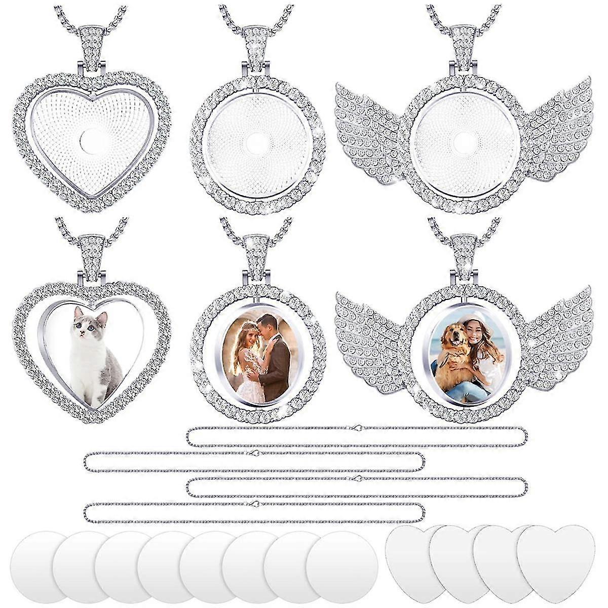 24pcs Sublimation Rhinestone Trays Pendant Set, 6 Blank Bezel Trays, 6 Pcs Chains With 12 Discs, Mixed Style