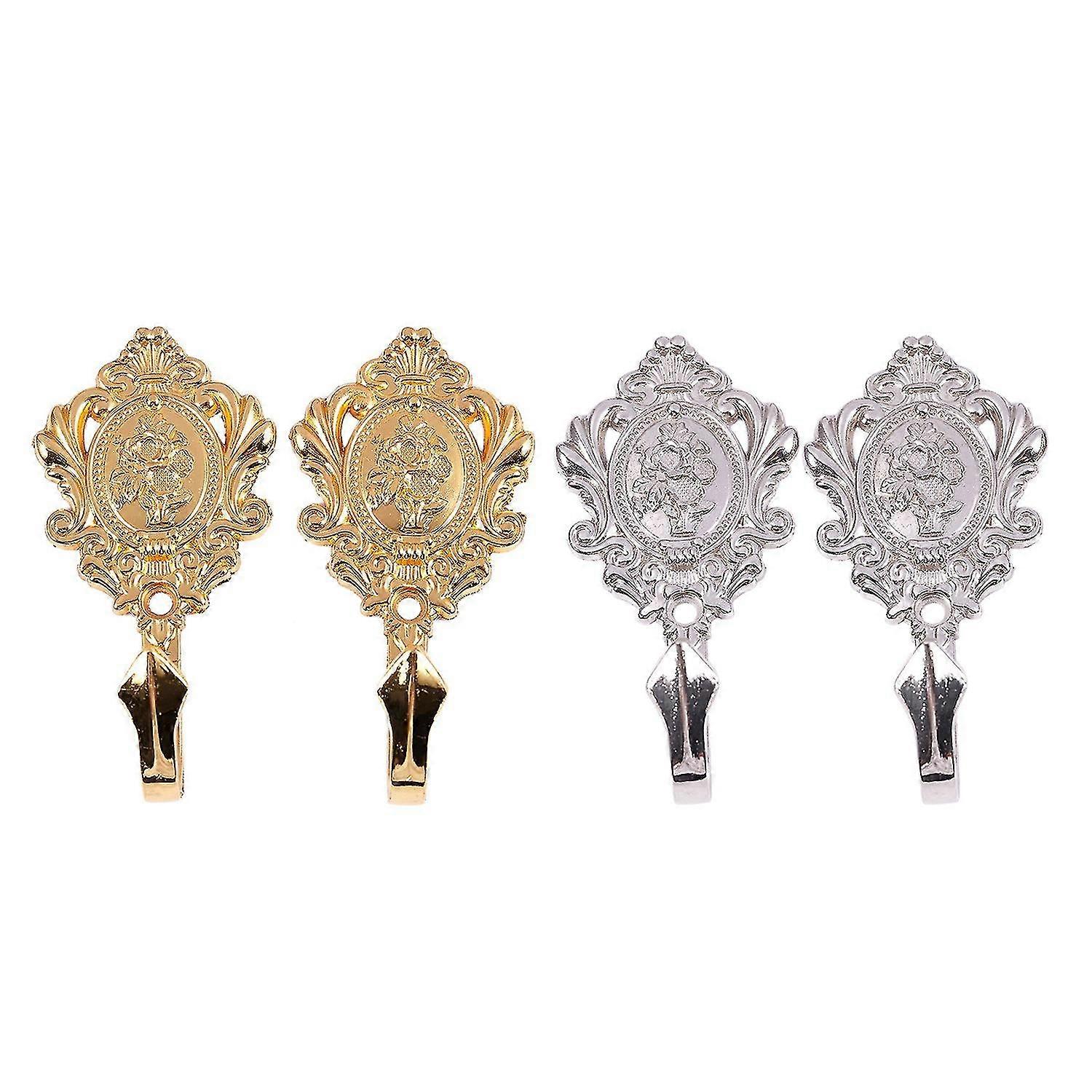 2 Pair Pattern Vintage Alloy Drapery Curtain Holdbacks Tieback Hooks, Gold & Silver