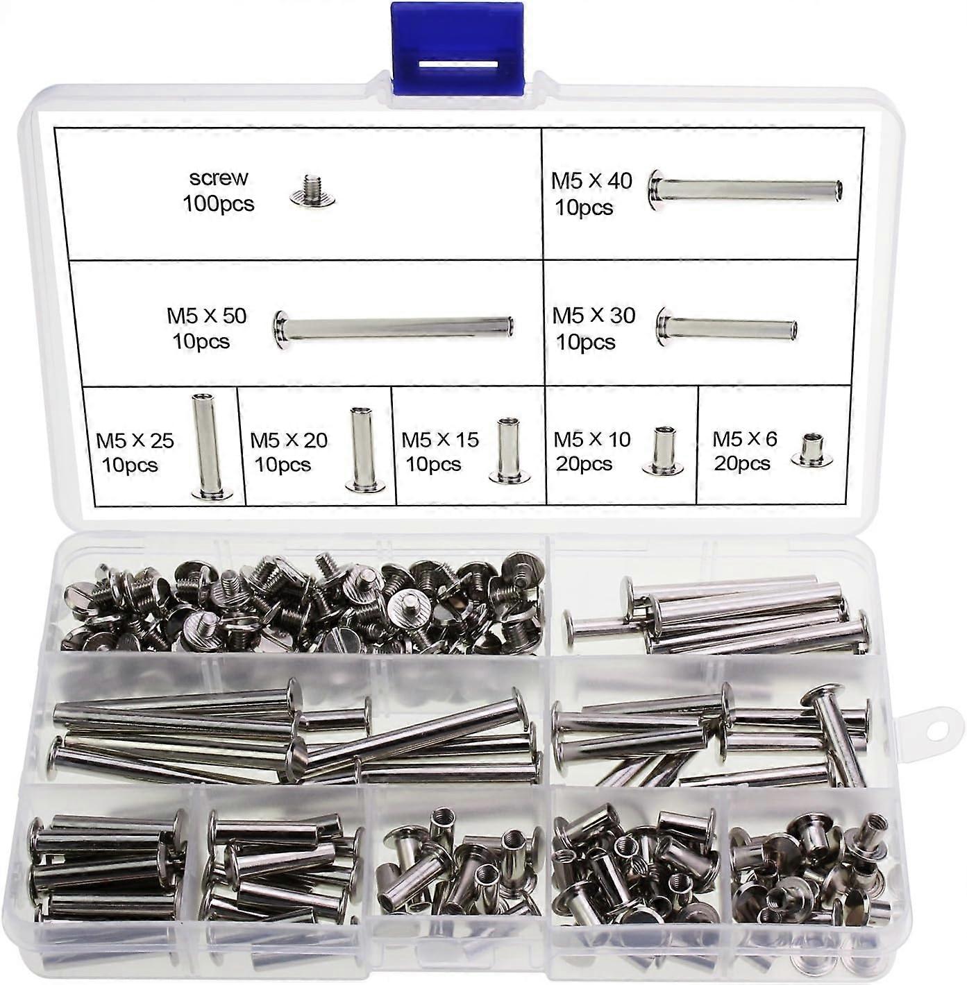 200pcs Binding Screws and Riveted Nails, 8 Sizes, Metal, Round