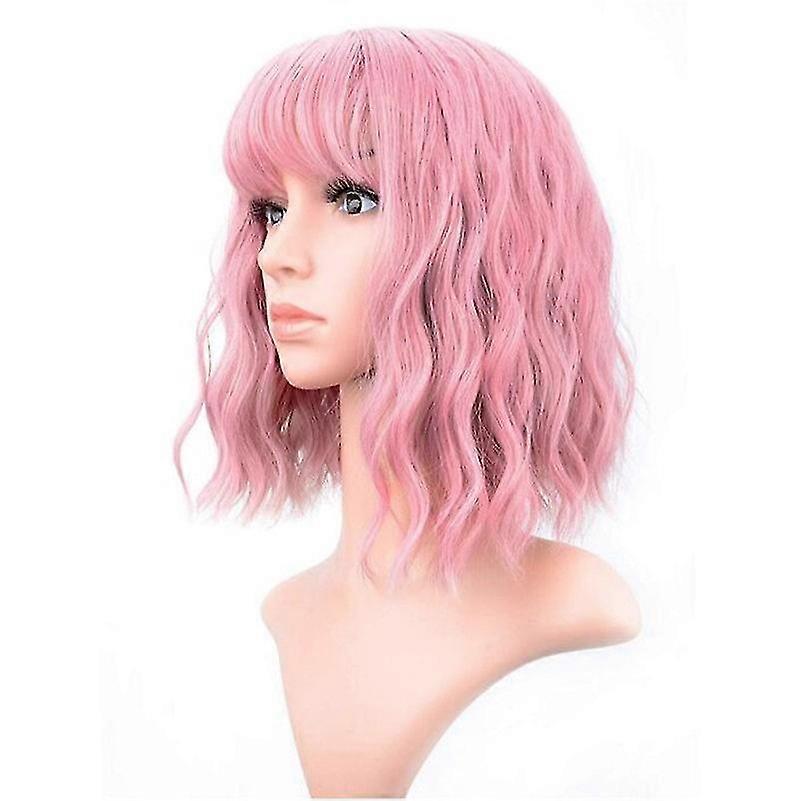 Peruca ondulada macia com Air Bangs mulheres curta Bob roxo rosa peruca cacheada (12 polegadas), roxo rosa