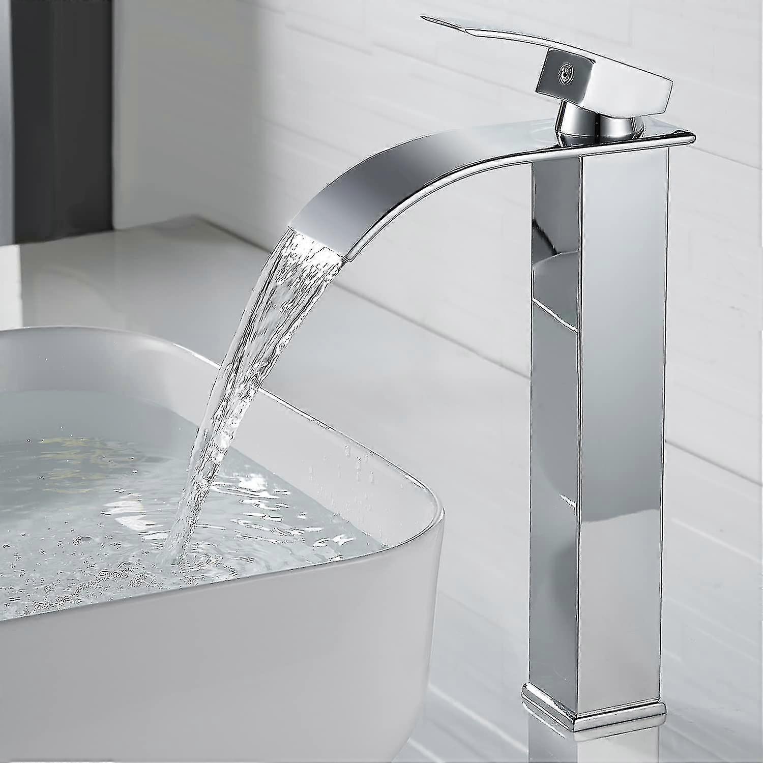 صنبور حوض الشلال الطويل الحديث ، صنبور الحمام ذو التصميم الأنيق ، صنبور خلاط حوض نحاسي طويل القامة بمقبض واحد ، يتوفر الماء الساخن والبارد ، Chrome Wat