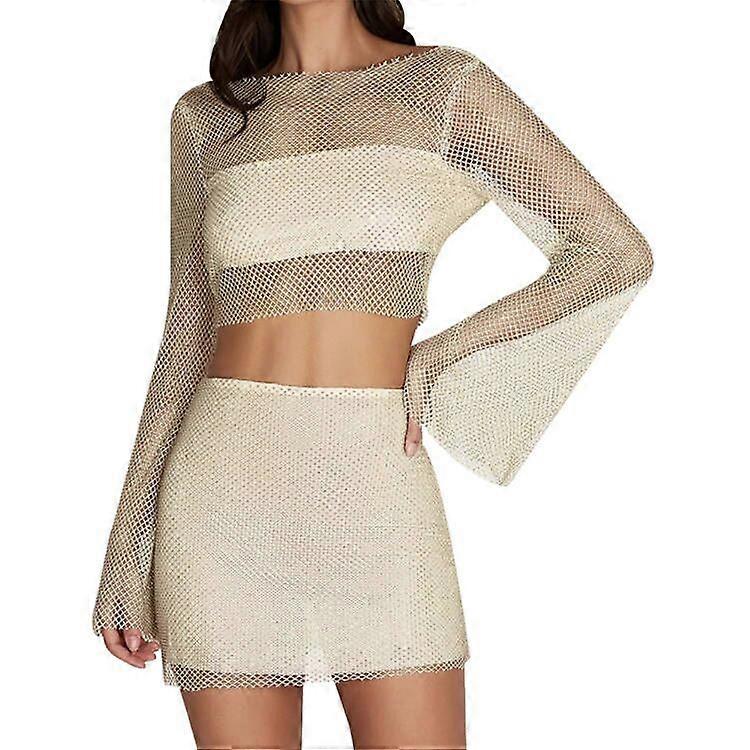 Women's See Through Long Sleeve Mesh Blouse Skirt Set