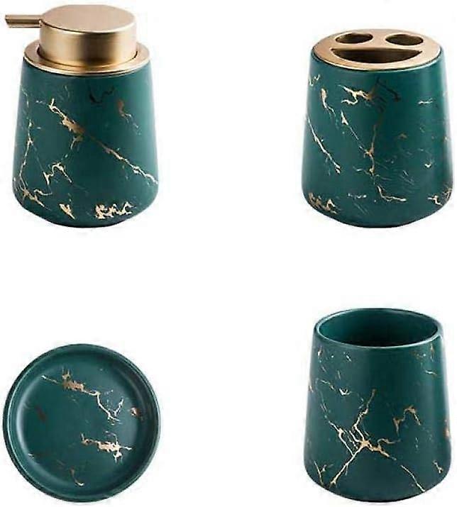 Marbled Ceramic Bathroom Accessories Set (4) - Dark Green