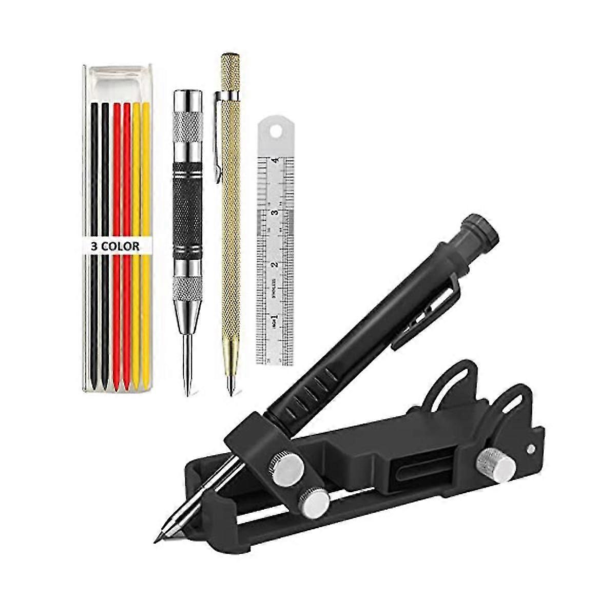 Multifunction Scribe Tool - Deep Hole Pencil, Carpenter Pencils Set With Automatic Center Punch, Carbide Scribe Tool