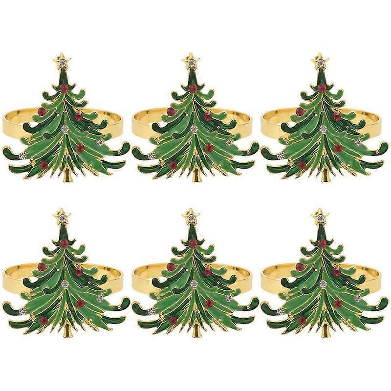 6個の緑のChirstmas Treeナプキンリング、赤でデザインされたゴールデンリング、クリスマスダイニングタブ用