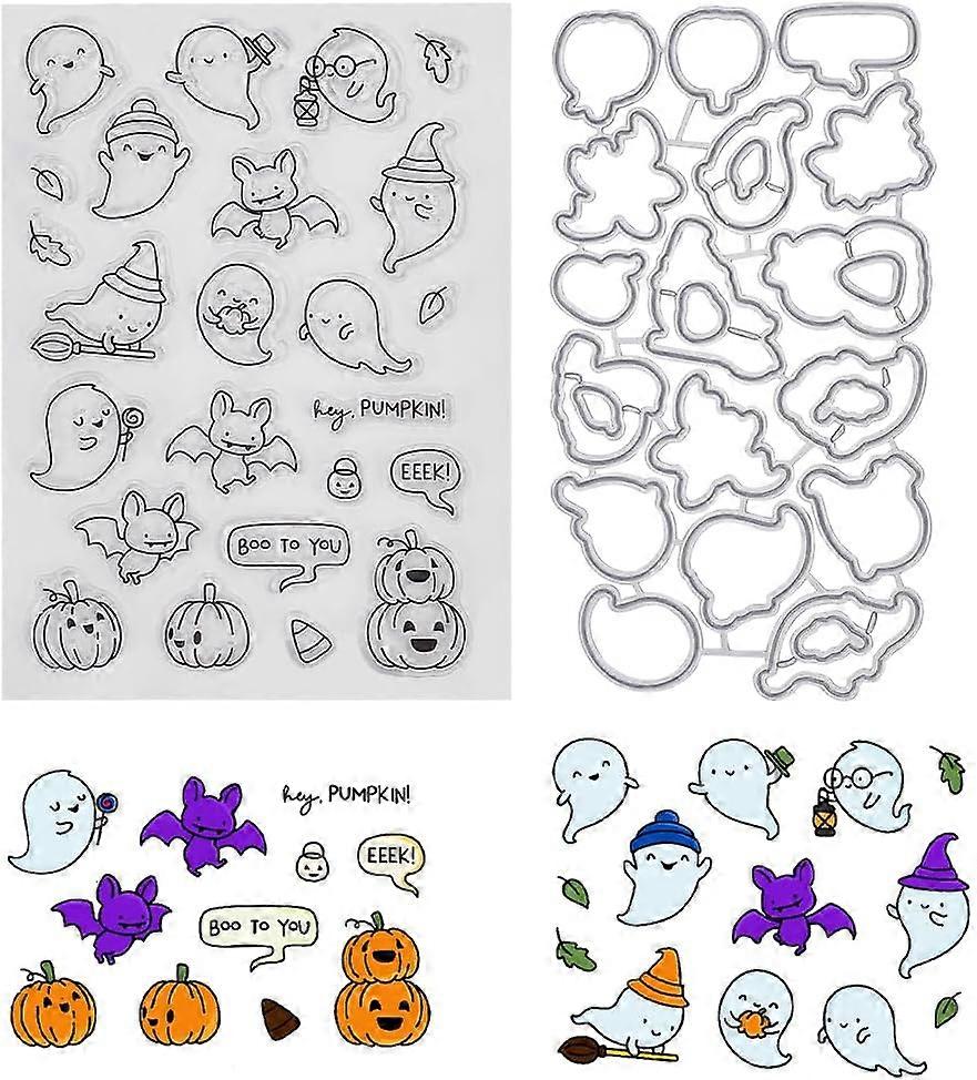 Halloween Theme Clear Rubber Stamp and Metal Cutting Die Set Ghost Pumpkin Bat Transparent Silicone Stamps Carbon Steel Cuts Stencil for Card Making J