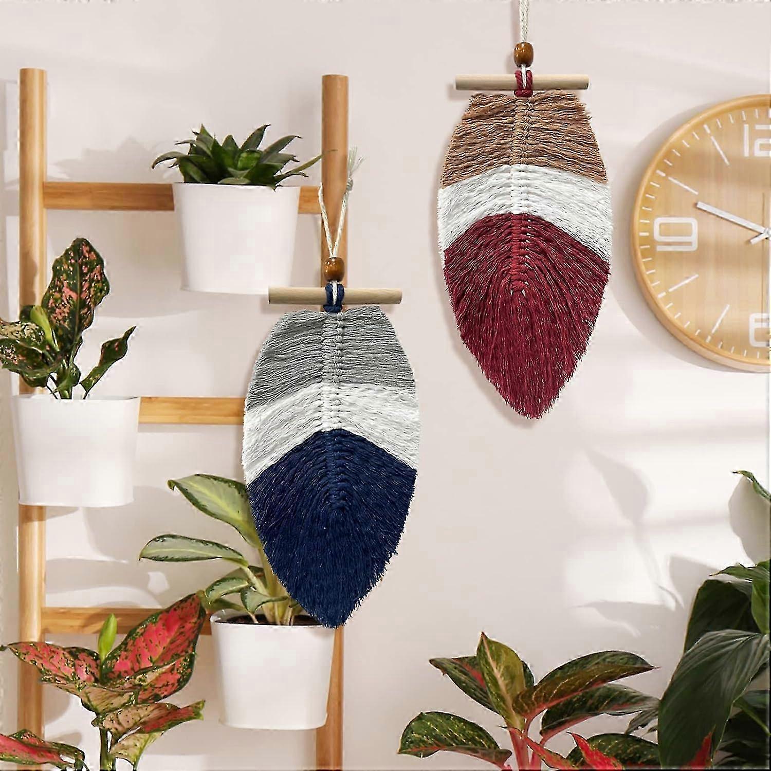 Boho Leaf Wall Decor - Macrame Feather Leaf Hanging with Wooden Bead for Small Spaces