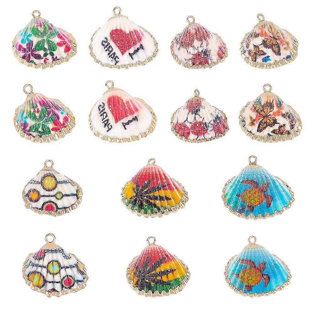 14Pcs 7 Style Electroplate Printed Natural Scallop Shell Pendants Sea Shell Pendants with Golden Brass Loops Mixed Patterns 22~23x23~24x8~8.5mm Hole: 