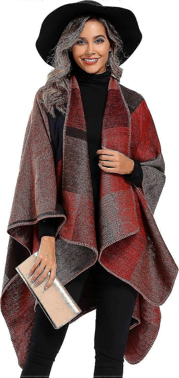 Women's Color Block Shawl Wrap Plus Size Cardigan Poncho CapeFront Long Winter Sweater Coat