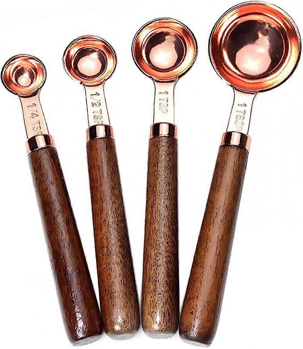 Set of 4 Stainless Steel Measuring Spoons, Copper Plated Nesting Measuring Spoon Set with Walnut Wood Handle for Dry and Liquid Ingredients (Spoons Se