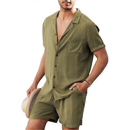 2 Pcs/Set Summer Solid Color Turn-down Collar Single-breasted Men Tracksuit Short Sleeve T-Shirt + Shorts Set
