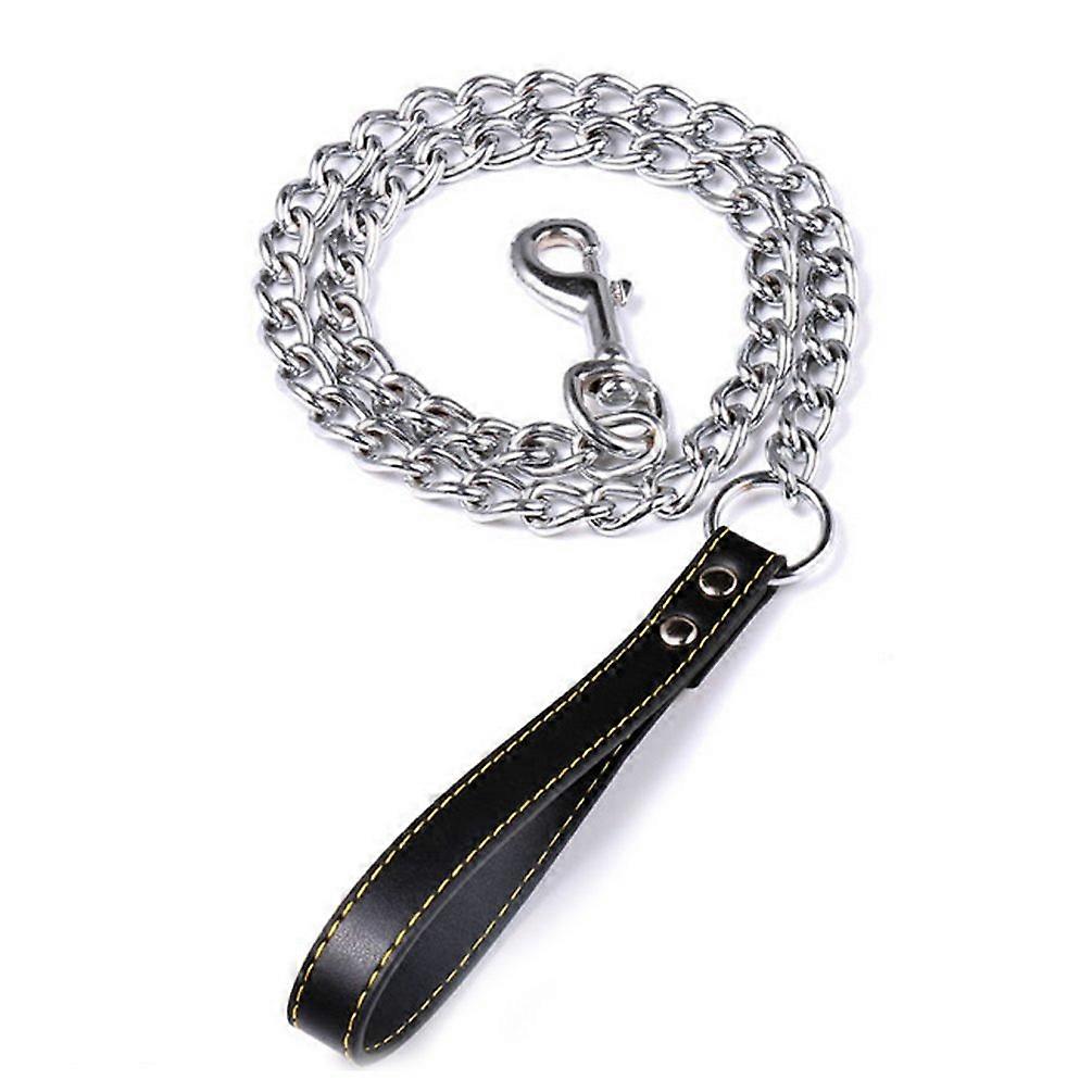 Chain Dog Leash 4 Feet Long with Durable Black Metal Links and Comfortable Leather Handle for Large Dogs