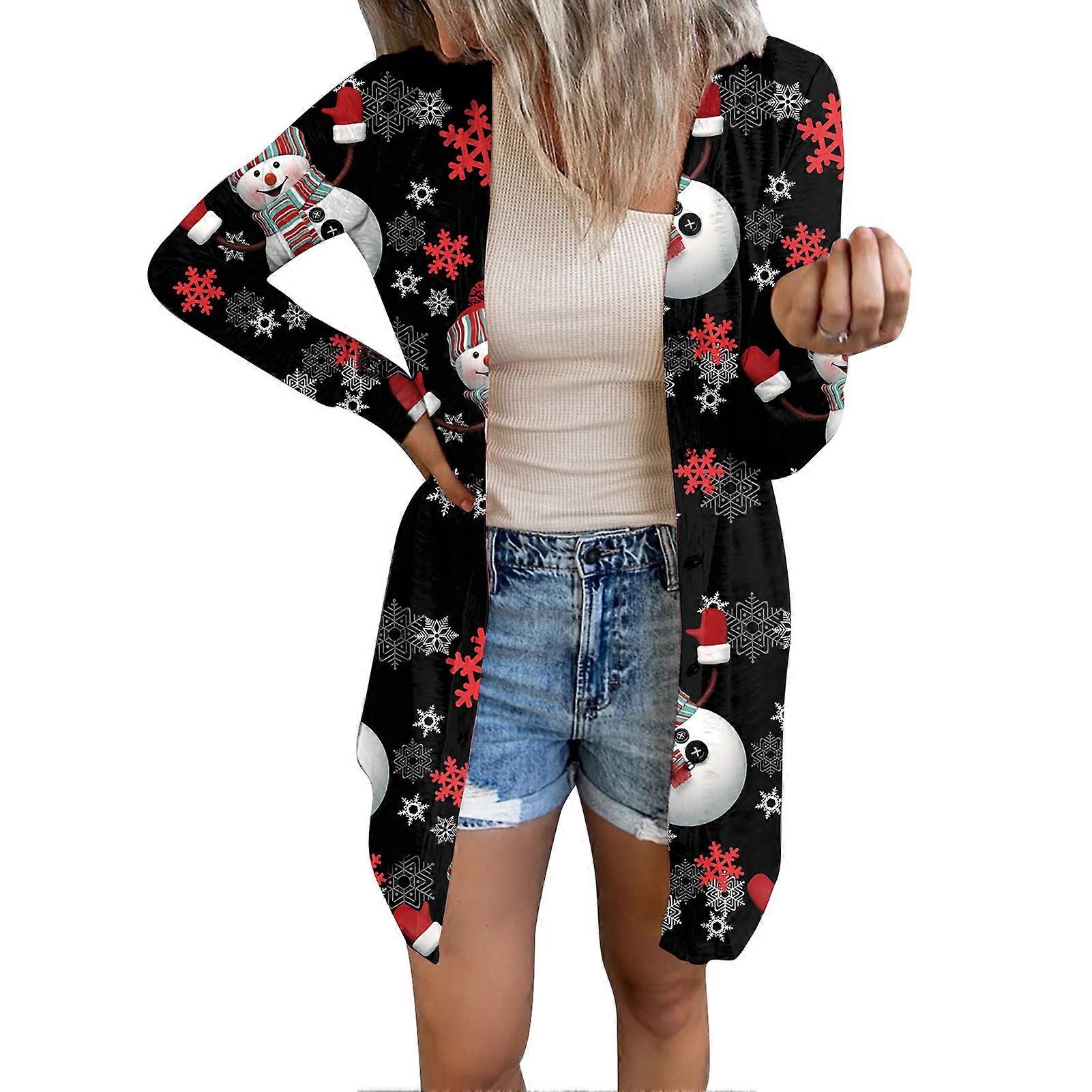 GPB Open Front Shirt Coat Single Breasted Long Sleeve Soft Chrismas Print Halloween Casual Blouse for Women