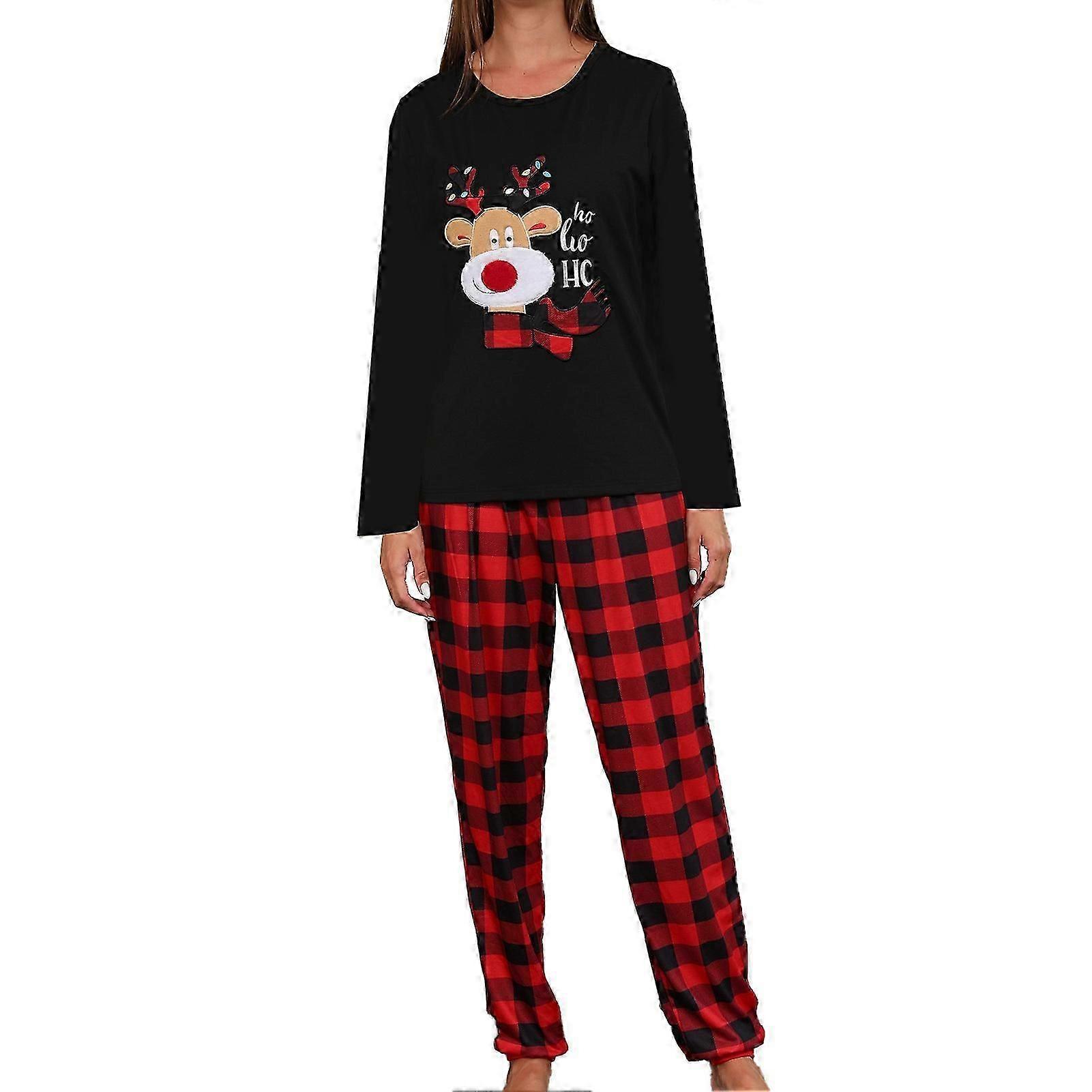 Noël Cerf Broderie Motif Pyjama Confortable Noël Maison Vêtements De Détente Confortable Grille Imprimer Pantalon Vêtements de nuit Noir Femmes XXL