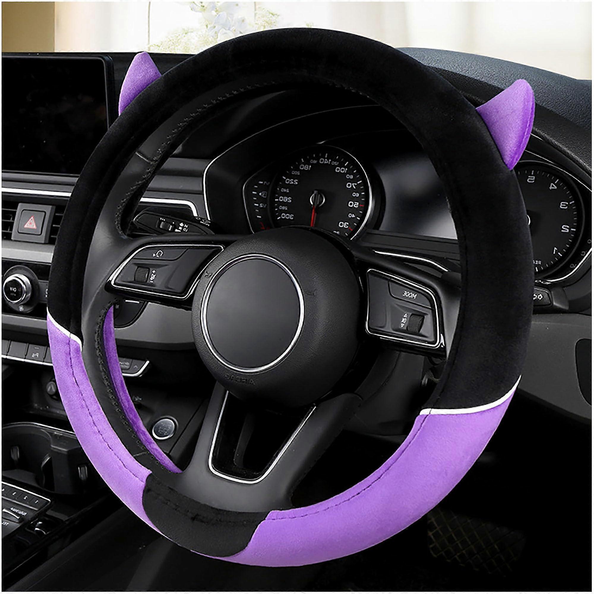 Plush Car Steering Wheel Cover 15 Inch Soft Plush Protector with Ears for Winter Warmth in Purple