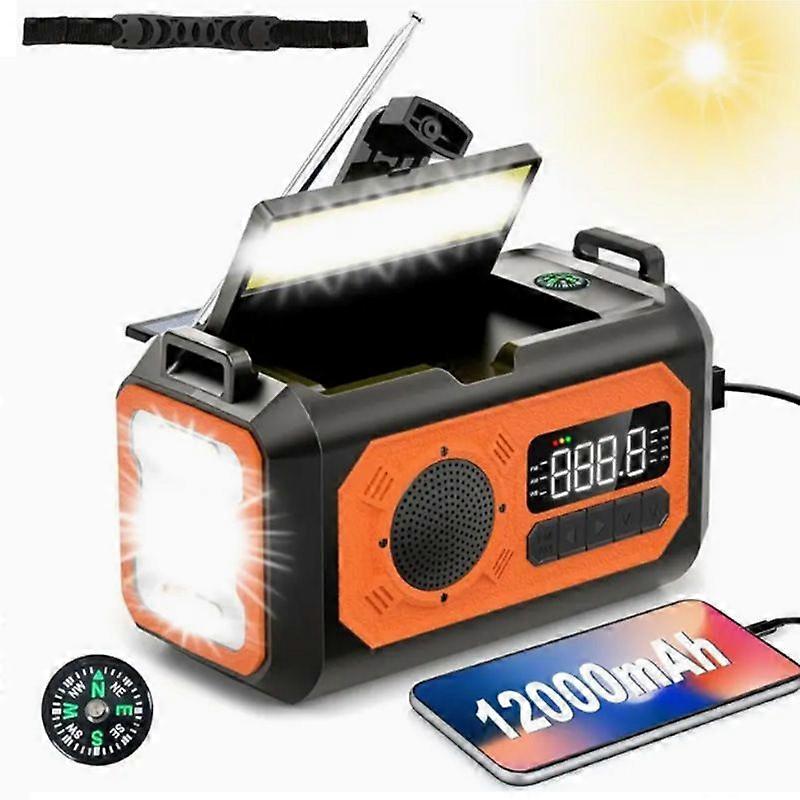 SCSYV 12000mAh nødradio, multifunksjon AM / FM / NOAA værradio, 2 solcellepaneler, håndsveiv, USB-kabel 3 lademetoder, SOS-alarm, flashligh (Oran