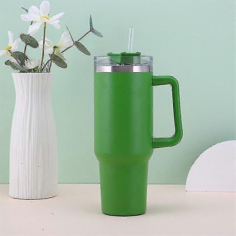 40オンス断熱ステンレス鋼タンブラー、ストロー蓋付き-グリーントラベルコーヒーマグ