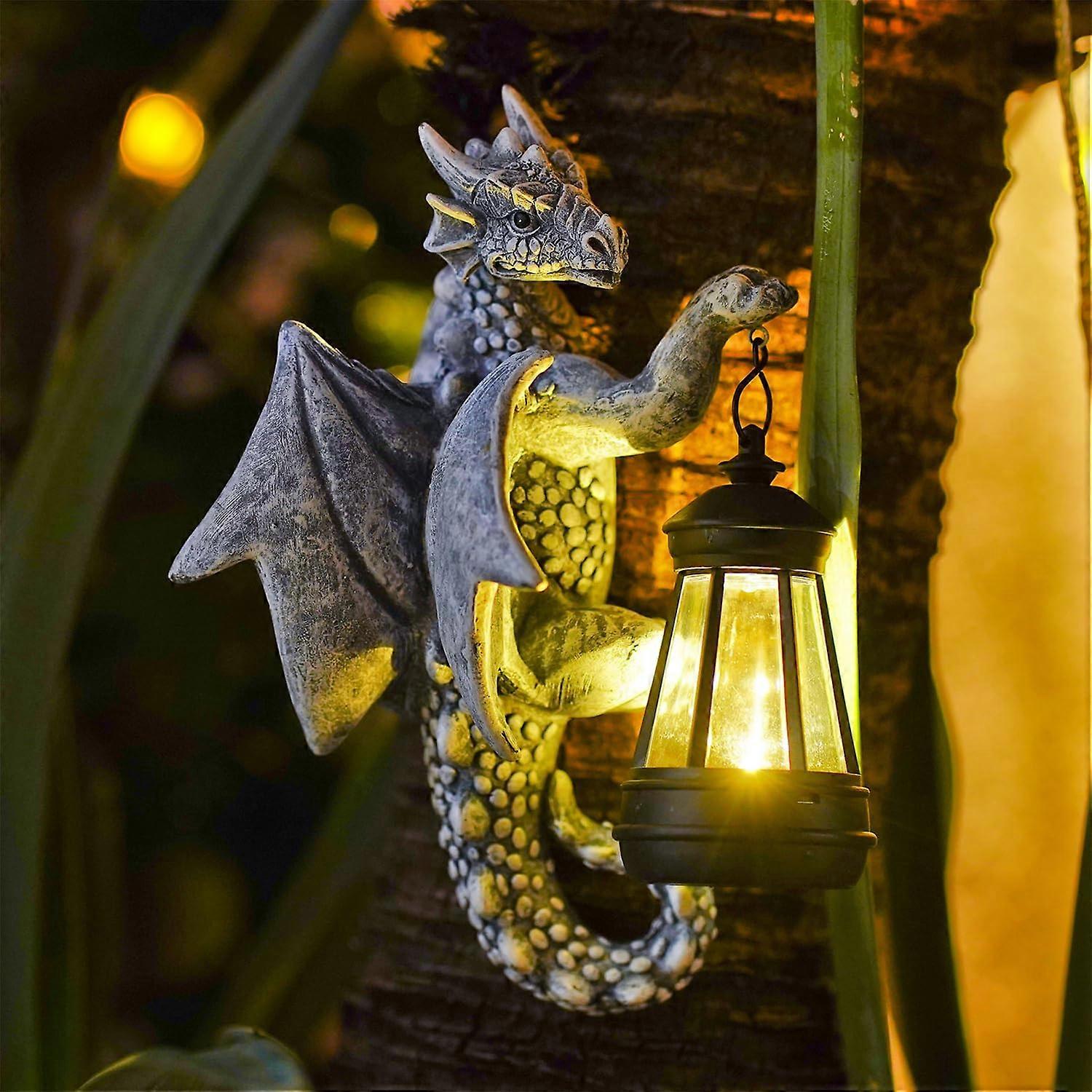 Dragon Figures with Solar Lights for Garden Decoration - Grey Dragon Statue with LED Fairy Lights for Outdoor Use