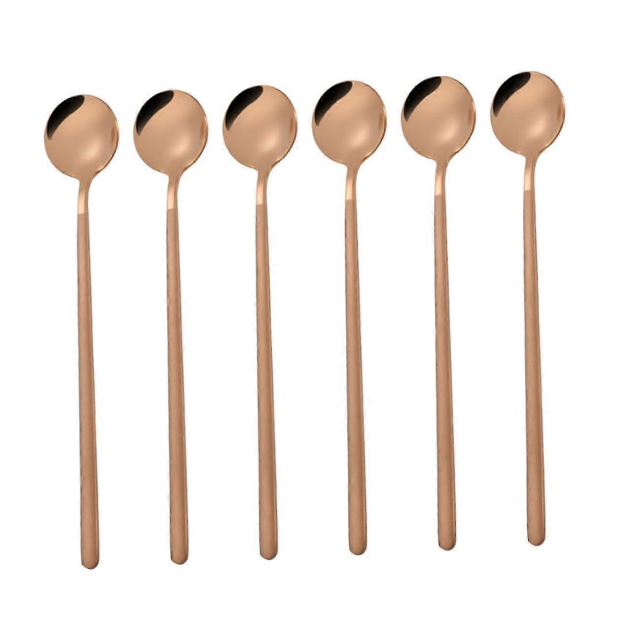 Set of 6 Rose Gold Mini Stainless Steel Round Spoons with Long Handle for Coffee and Dessert Cutlery