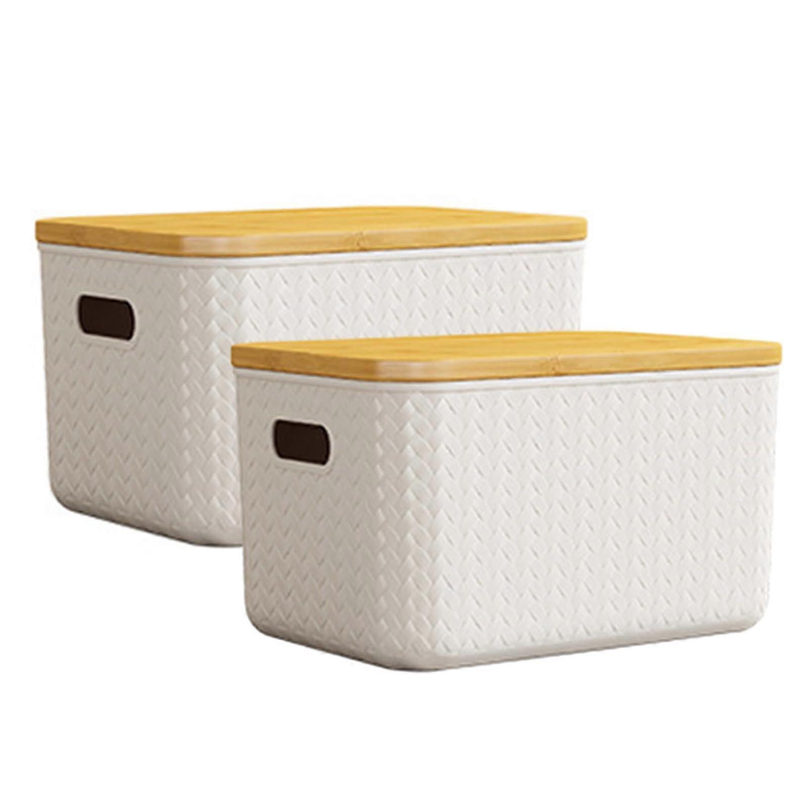 Stackable Storage Box with Bamboo Lids, Large Capacity Container for Cosmetics, Toys, Clothes, White, Small, Pack of 2