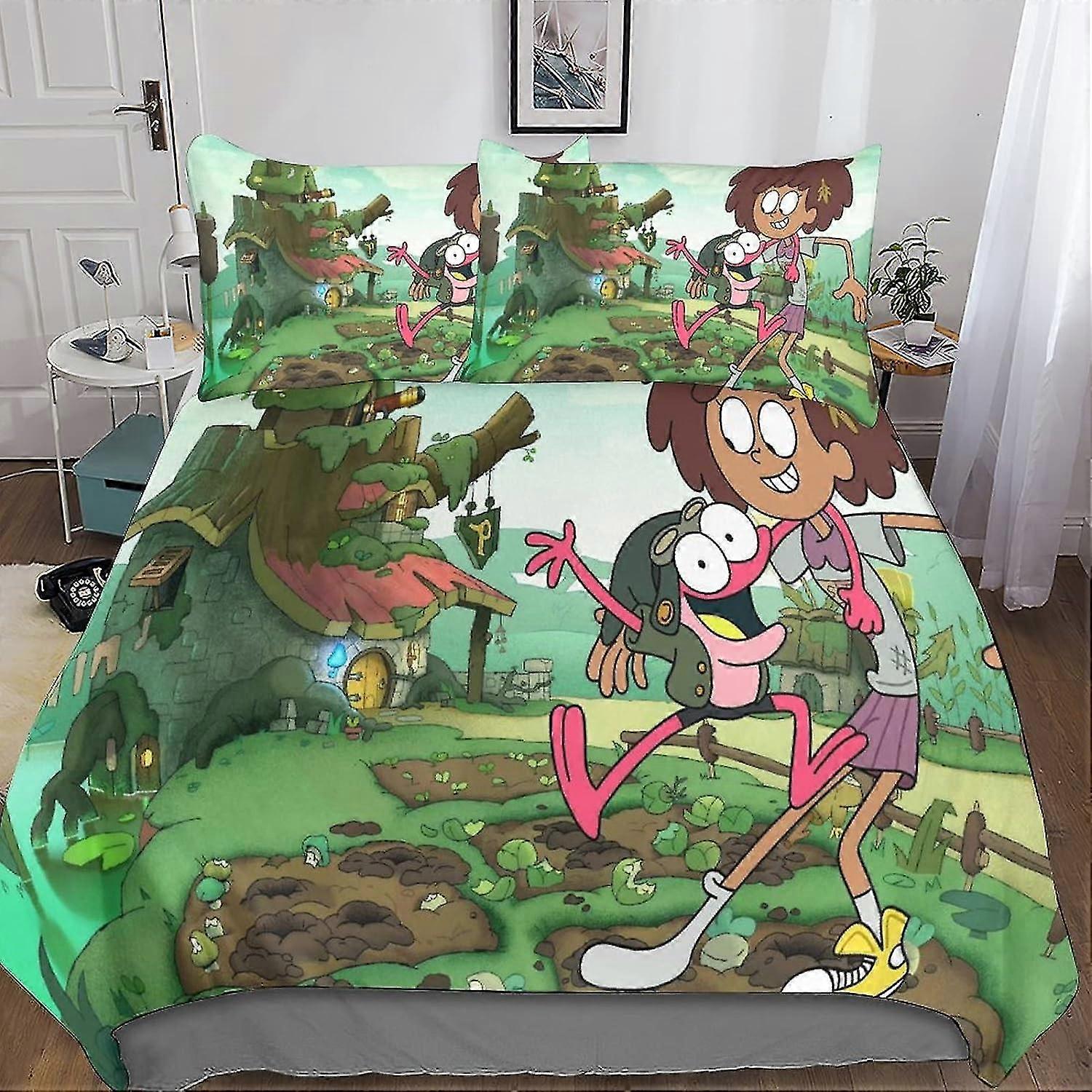 Conjunto de Capas de Edredom Amphibia Impressas em 3D, Capa de Colcha de Microfibra Macia 3 Peças com Fecho de Zíper Capa de Edredom e Fronha para Certos Sutiãs