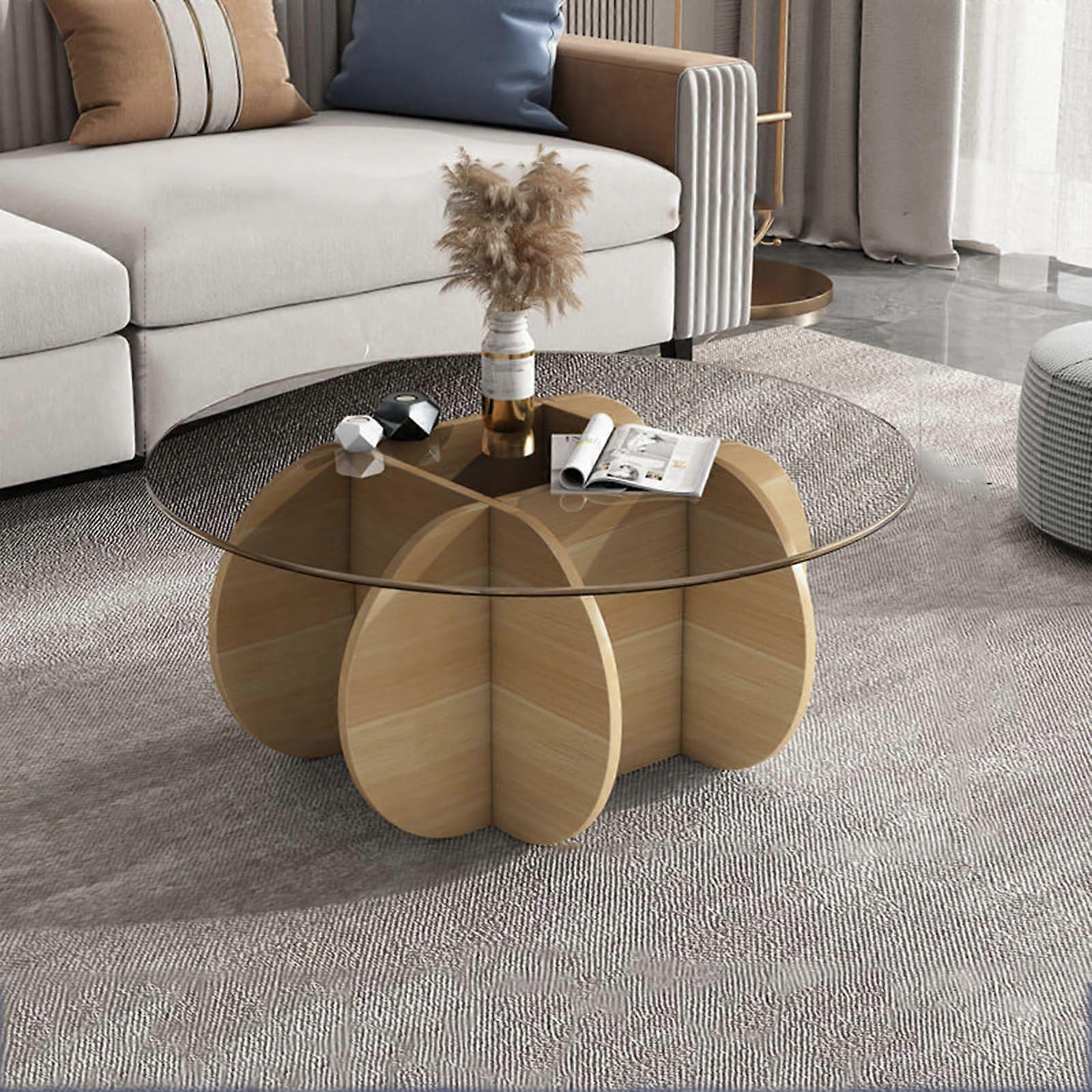 Coffee table with glass and solid wood base Modern round center table for living room and terrace Side table made of clear tempered glass Ref: 6173