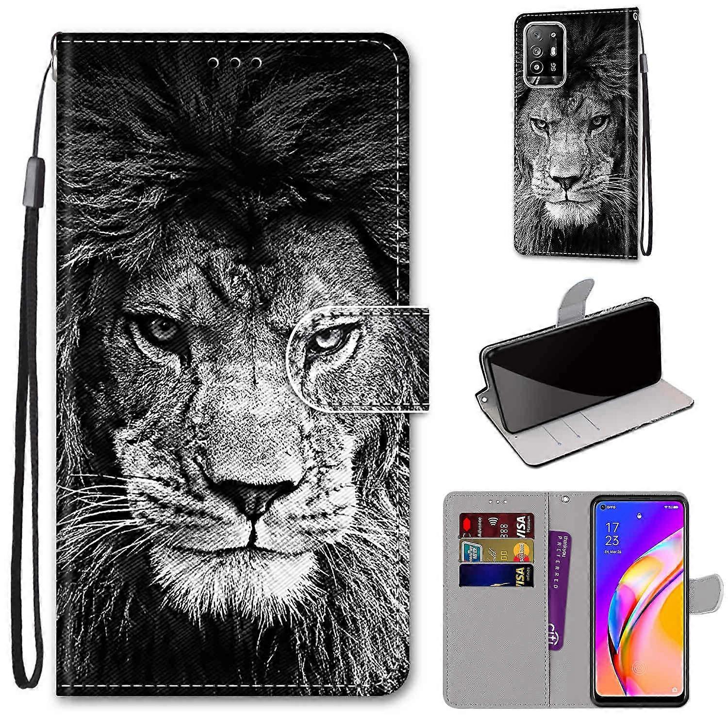 Compatible with Oppo F19 Pro 5G phone case, flip cover protective case (antidrop) card slot wallet style nonslip case  Black Lion