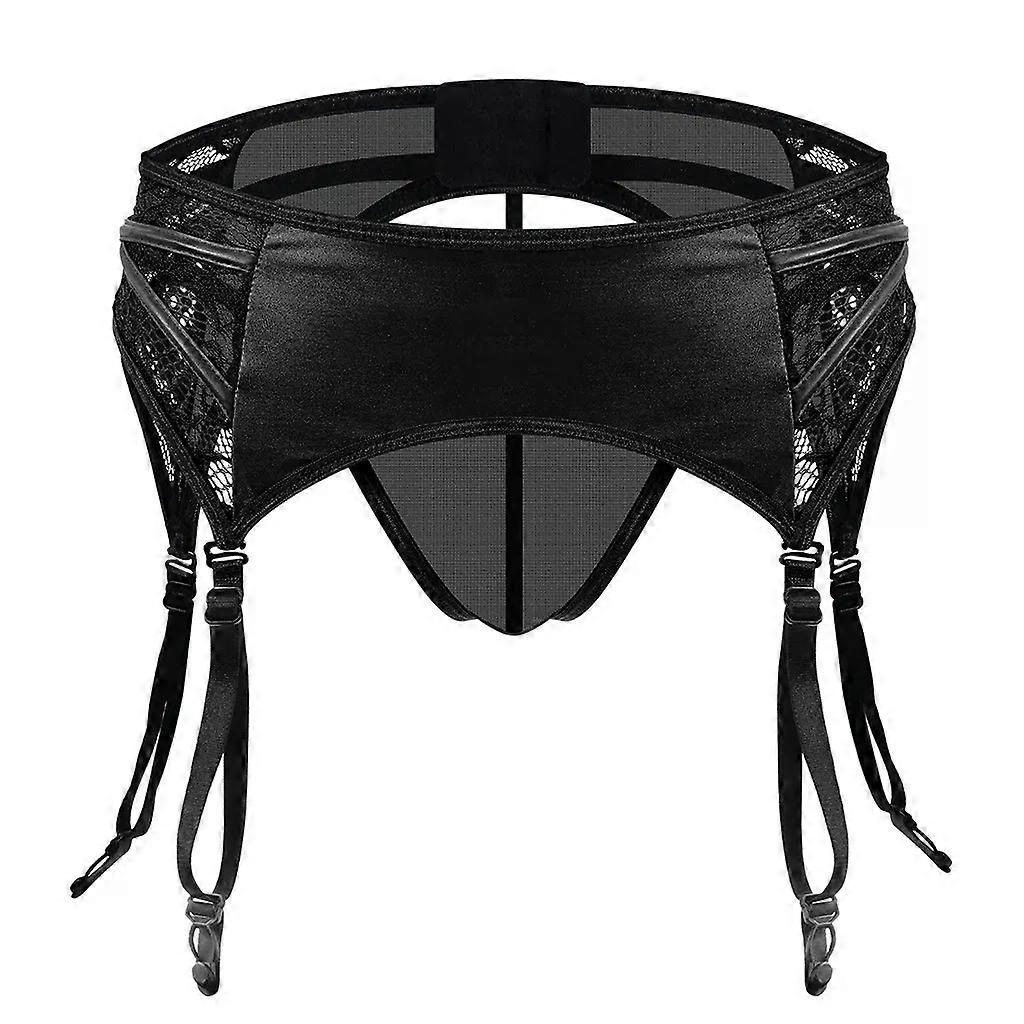 Men's Erotic Thong Lace Faux Leather Suspender Belt Garter Plus Size Lingerie Underwear with 4 Straps and G-String for Stockings