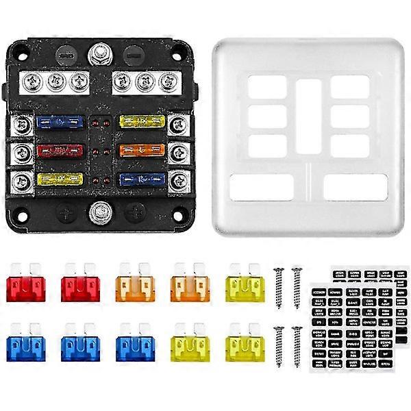 Huali 6-way 12V fuse box, 32V 100A fuse holder with 10 fuses, 6 LED indicators, protective cover