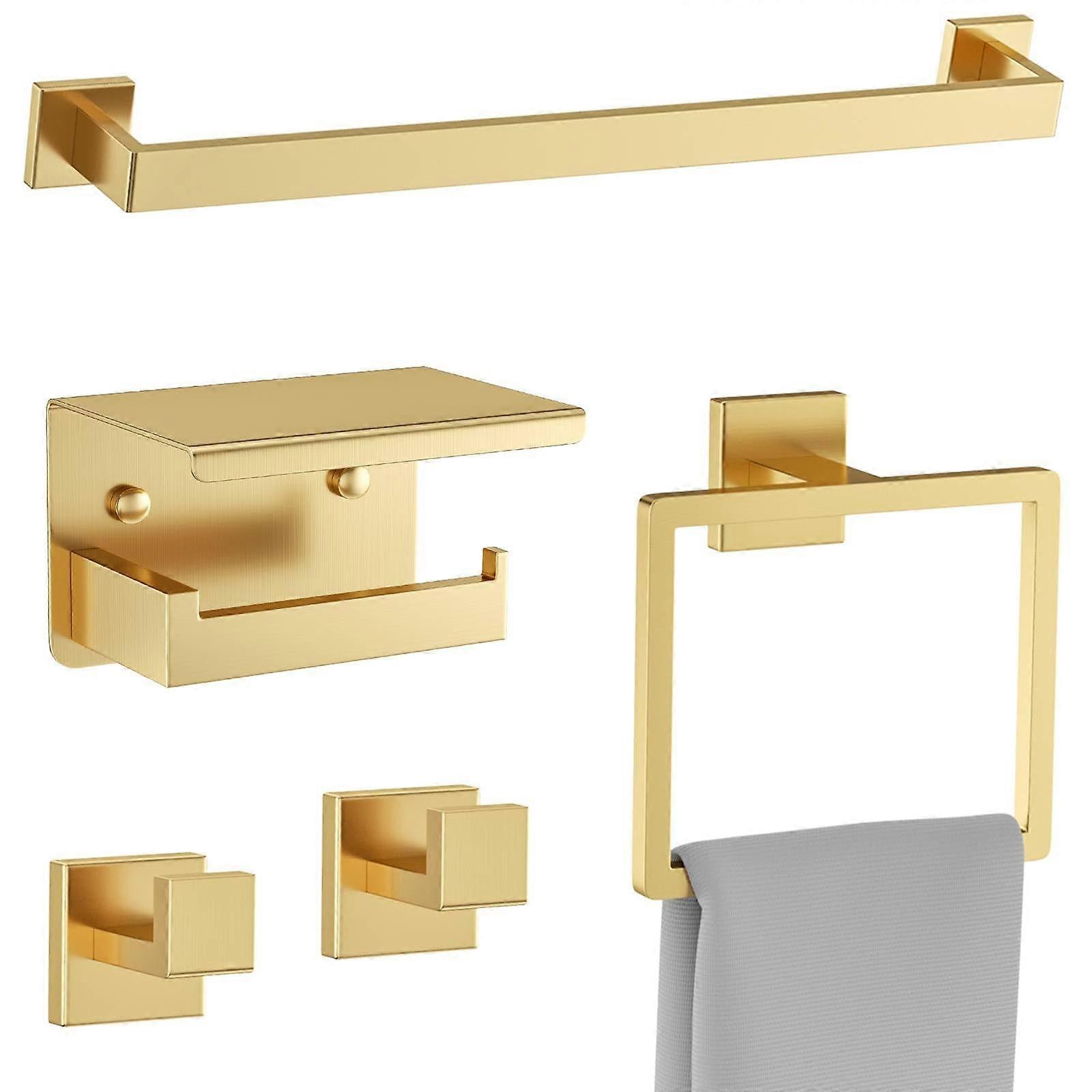Bathroom Towel Rack Set, 5 Pieces Brushed Gold, Upgraded Toilet Paper Holder with Shelf