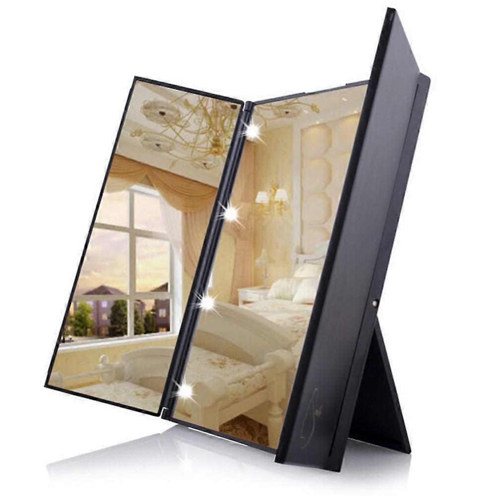 Desktop Threesided Folding LED Light Makeup Mirror Square Portable Vanity Mirror Luminous Mirror,Black