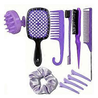 11-teiliges Haarstyling-Set mit weichem Kopfhautmassagegerät und Entwirrungsbürsten Breite Zahnkämme für nasses und trockenes Haar LilaLila SZRH A-D