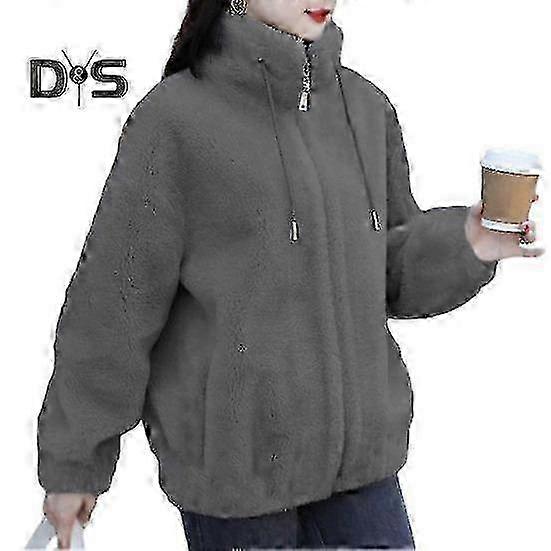 Women's Winter Solid Color Coat with Stand Collar, Drawstring Closure, Long Sleeves & Plush Warmth - Cardigan Style with Zipper Placket