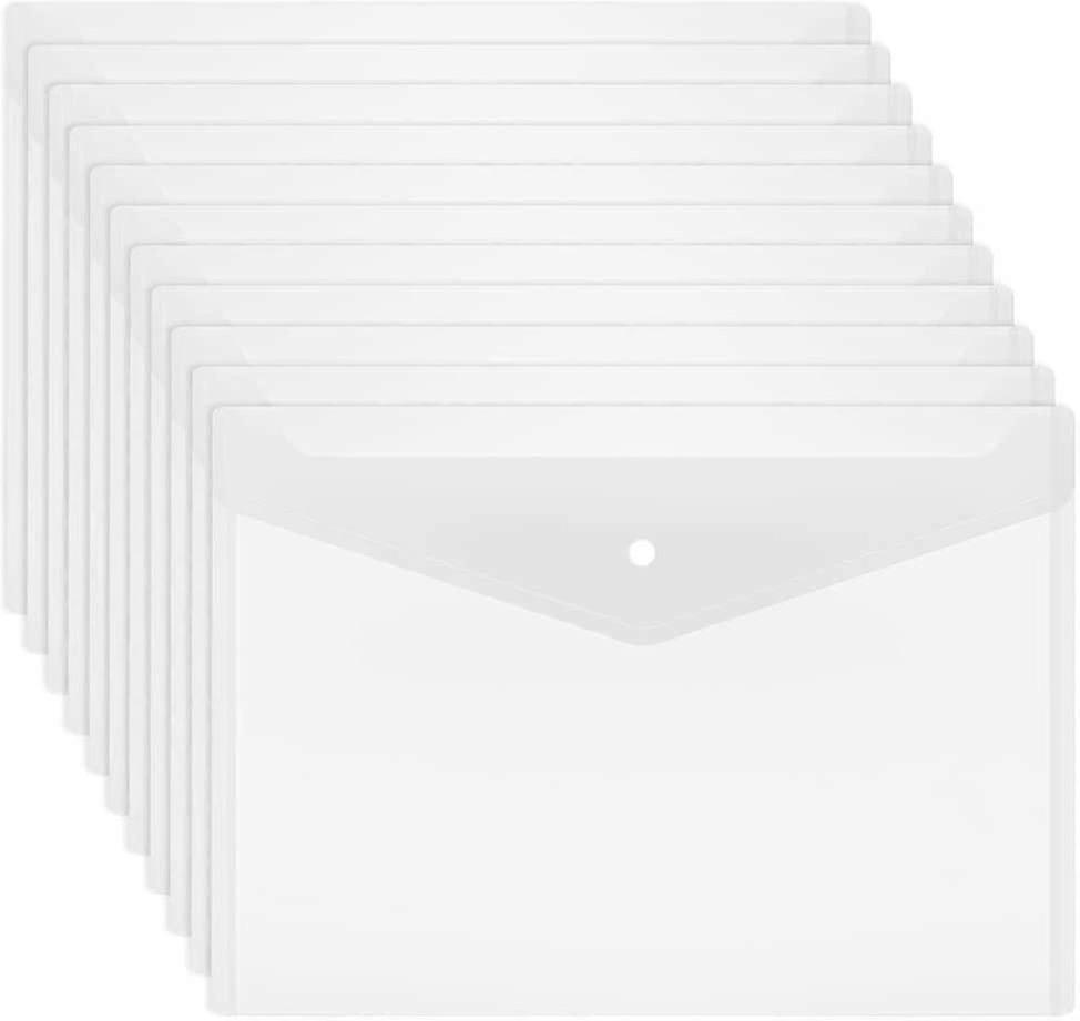 20 Pcs Clear Waterproof Plastic Envelopes with Button Closure, A4/US Letter Size for School Home Work