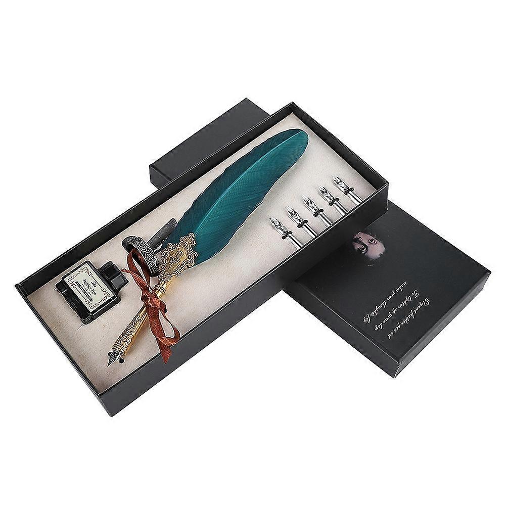 Retro Quill Alloy Feather Writing with Pen Nibs Gift Box Quill Set with Ink Bottle Dark Green