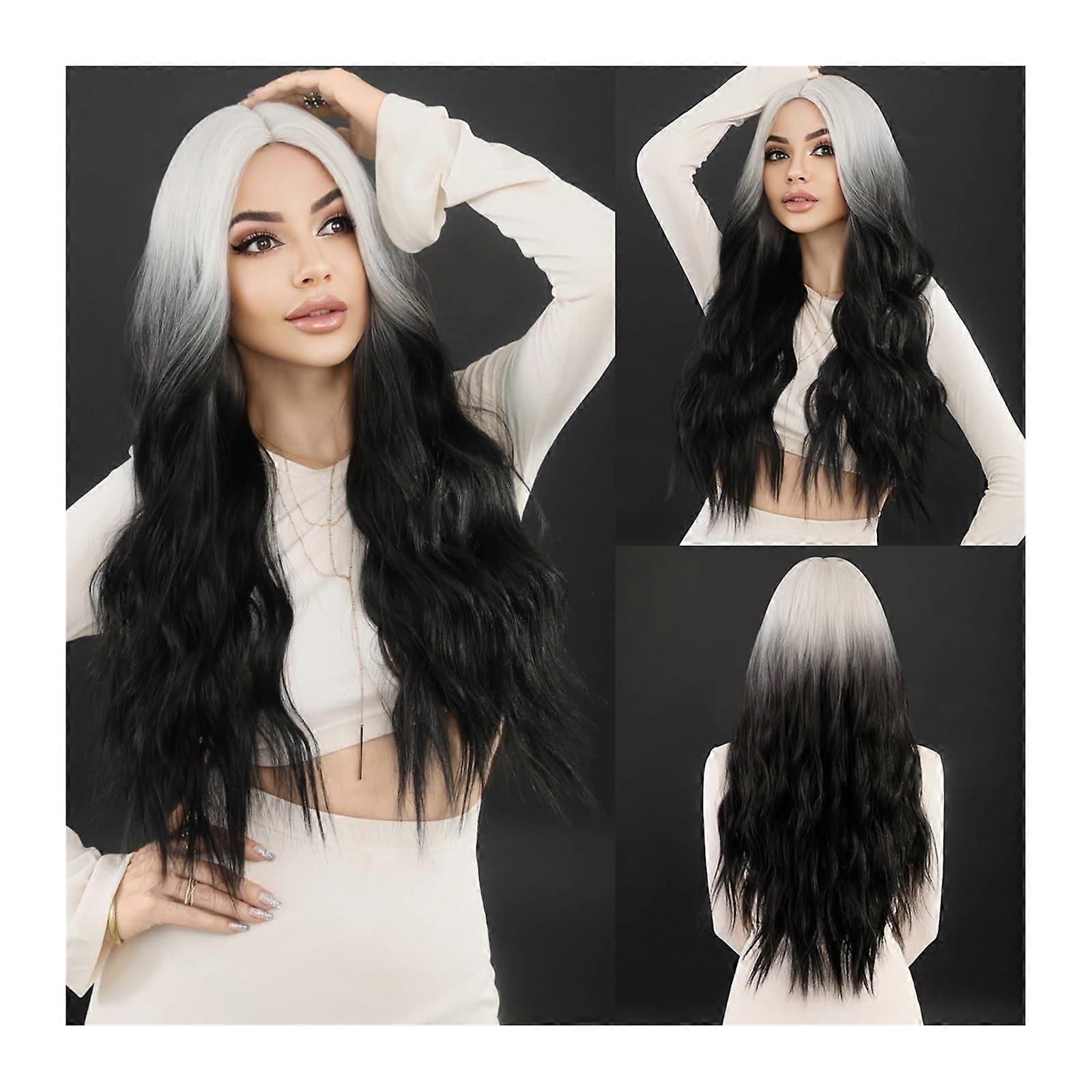 Ombre Black White Wavy Hair Wig for Women, Heat Resistant Synthetic Middle Part Curly Wig for Cosplay and Daily Use