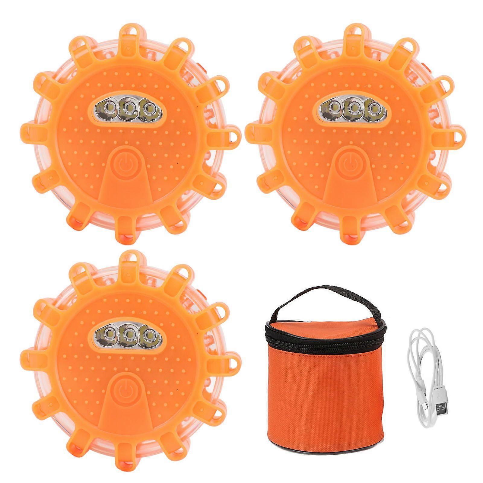 3Pcs LED Road Flare Emergency Light Type C Rechargeable Roadside Warning Flashing Disc Flare Light with Magnet Base for Car Truck RV Boat