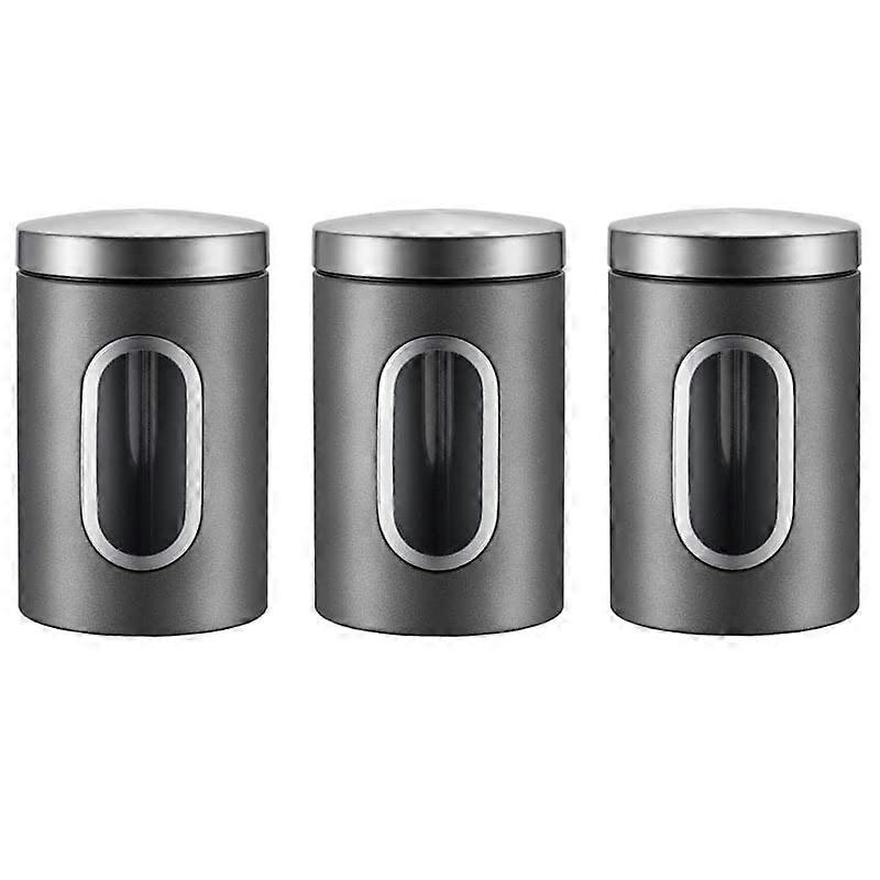 Stainless Steel Storage Container Set Of 3 With Lids, Tea Coffee Sugar Canisters, Viewing Window, Silver Ash Sanding