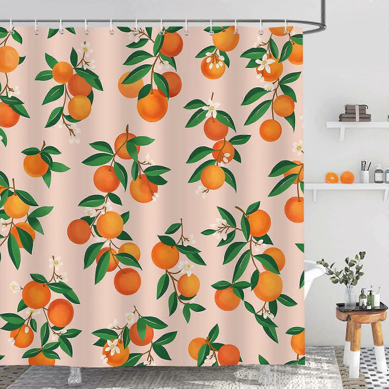 Orange Shower Curtain 180 x 180 cm Waterproof Polyester with Green Leaves Design, Mildew Resistant, Includes 12 Hooks