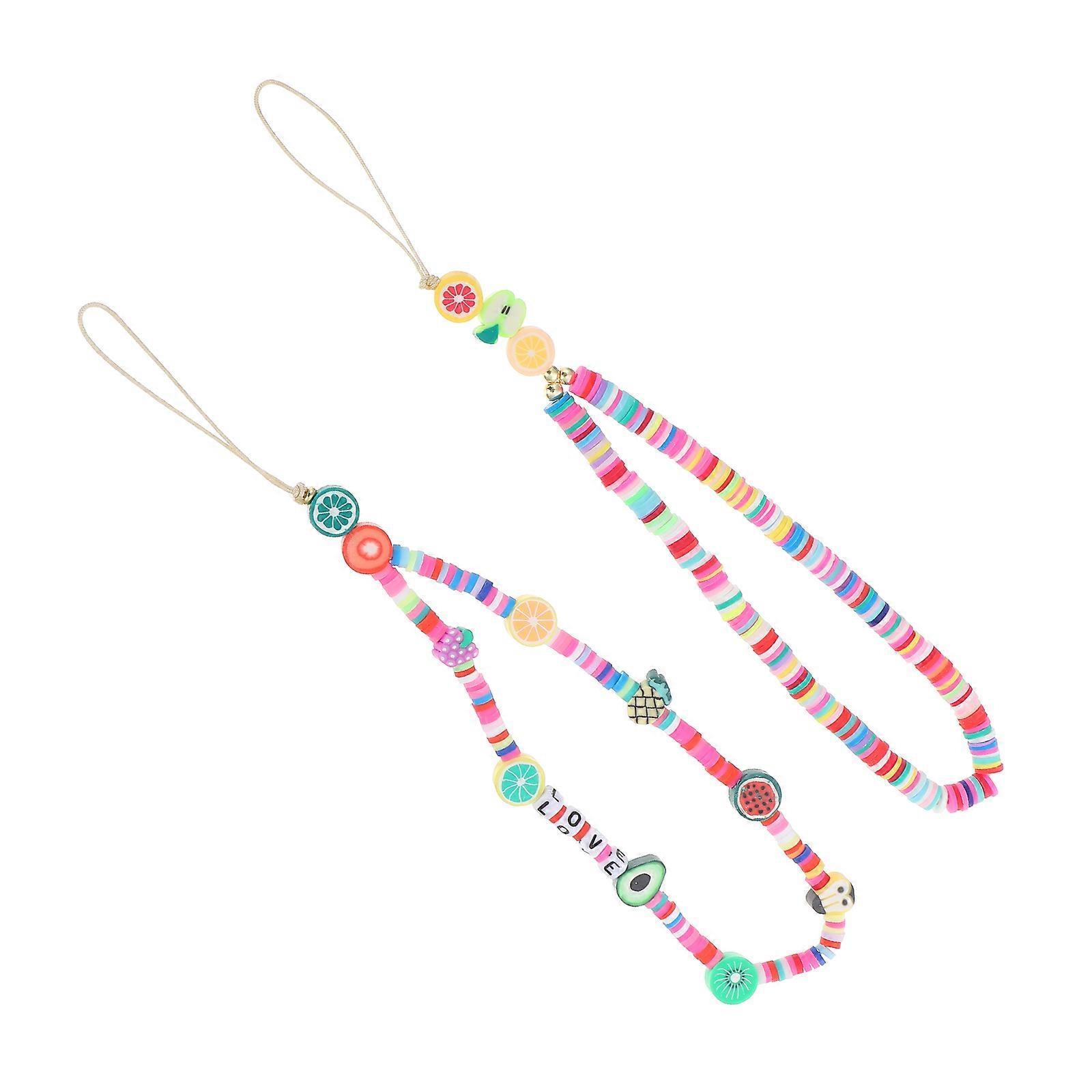 Phone Wrist Strap Polymer Clay Fruit Beaded Mobile Lanyard with 2Pcs Set