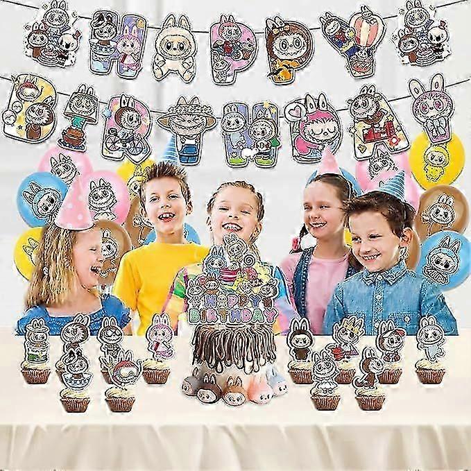 طقم احتفال عيد ميلاد Labubu مع لافتات وأغطية كيك وبالونات للأطفال والمعجبين