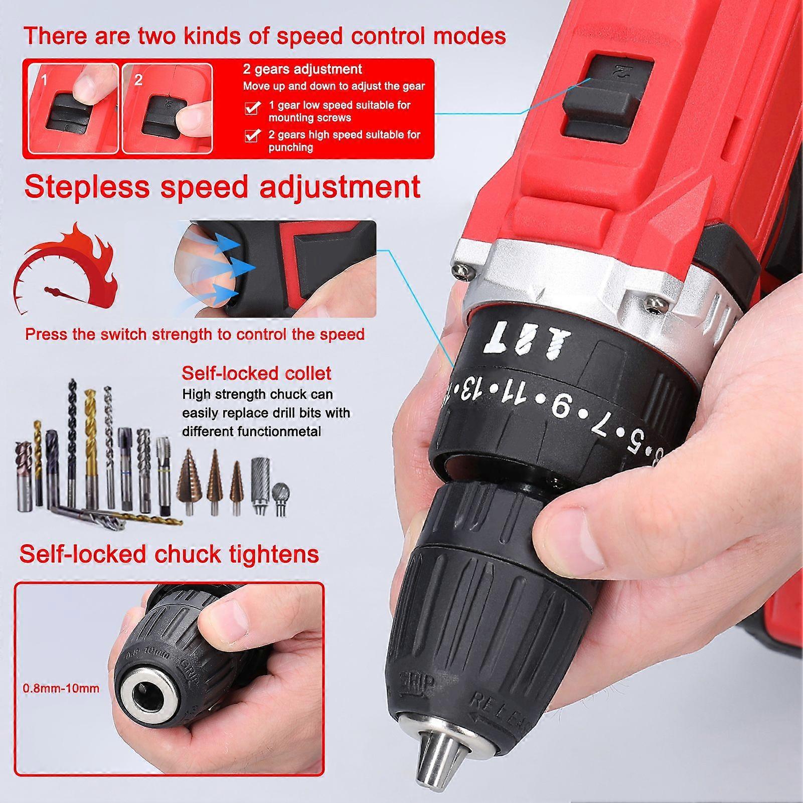 Household Multifuctional 21V Electric Drill Brush Motor 2 Speeds Control Stepless Speed Regulation Rotation Ways Adjustment 25 Gears of Torques Adjust