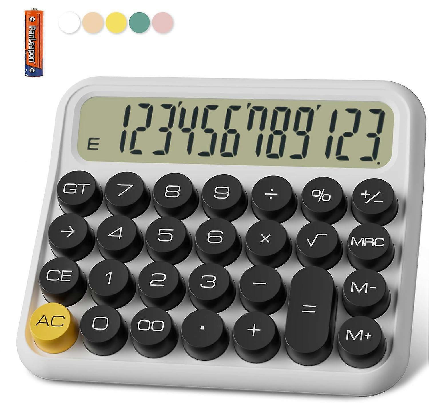 Mechanical Calculator 12 Digit Extra Large 5-Inch LCD Display, Battery Desk Calculator, Big Buttons Easy to Press,White