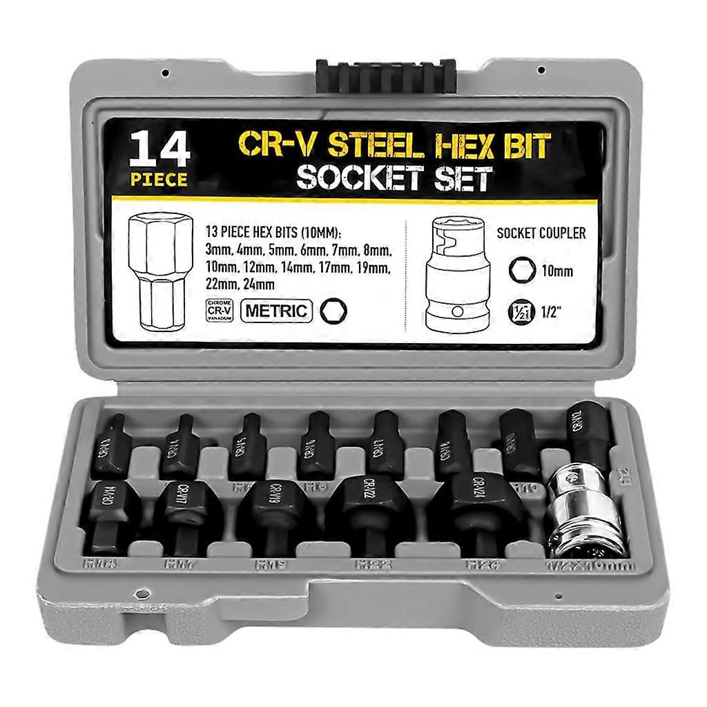 Hexagonal Bit Socket Set, Complete 14Piece, With Storage Case, Hex Drive Allen Bits