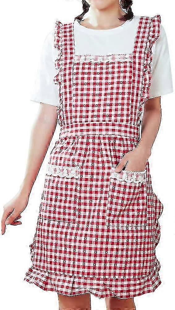 Red Grid Apron for Kitchen - Vintage Cotton Apron with Pocket
